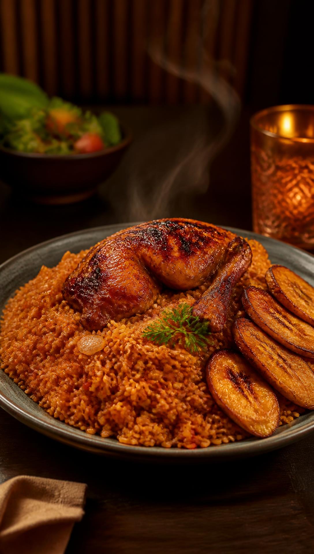 Steaming plate of Jollof rice with grilled chicken and plantain