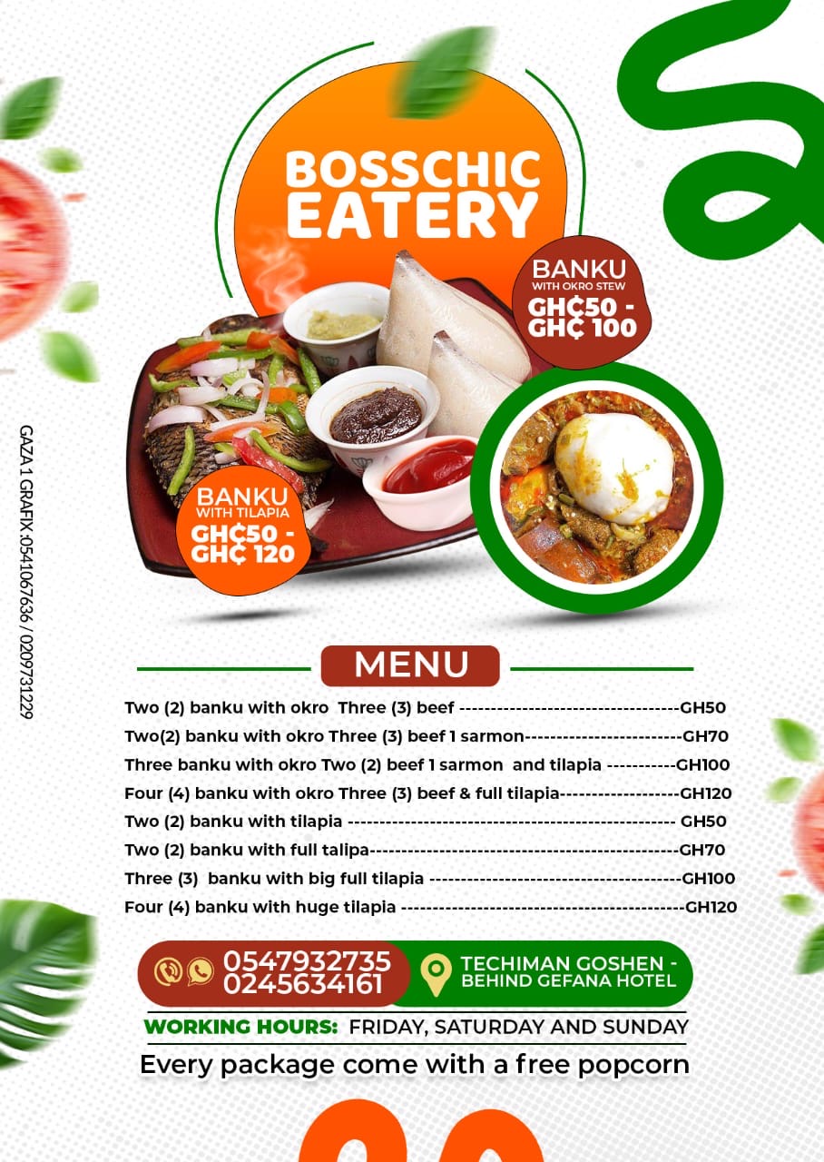 Bosschic Eatery banku packages menu with tilapia and okro stew prices