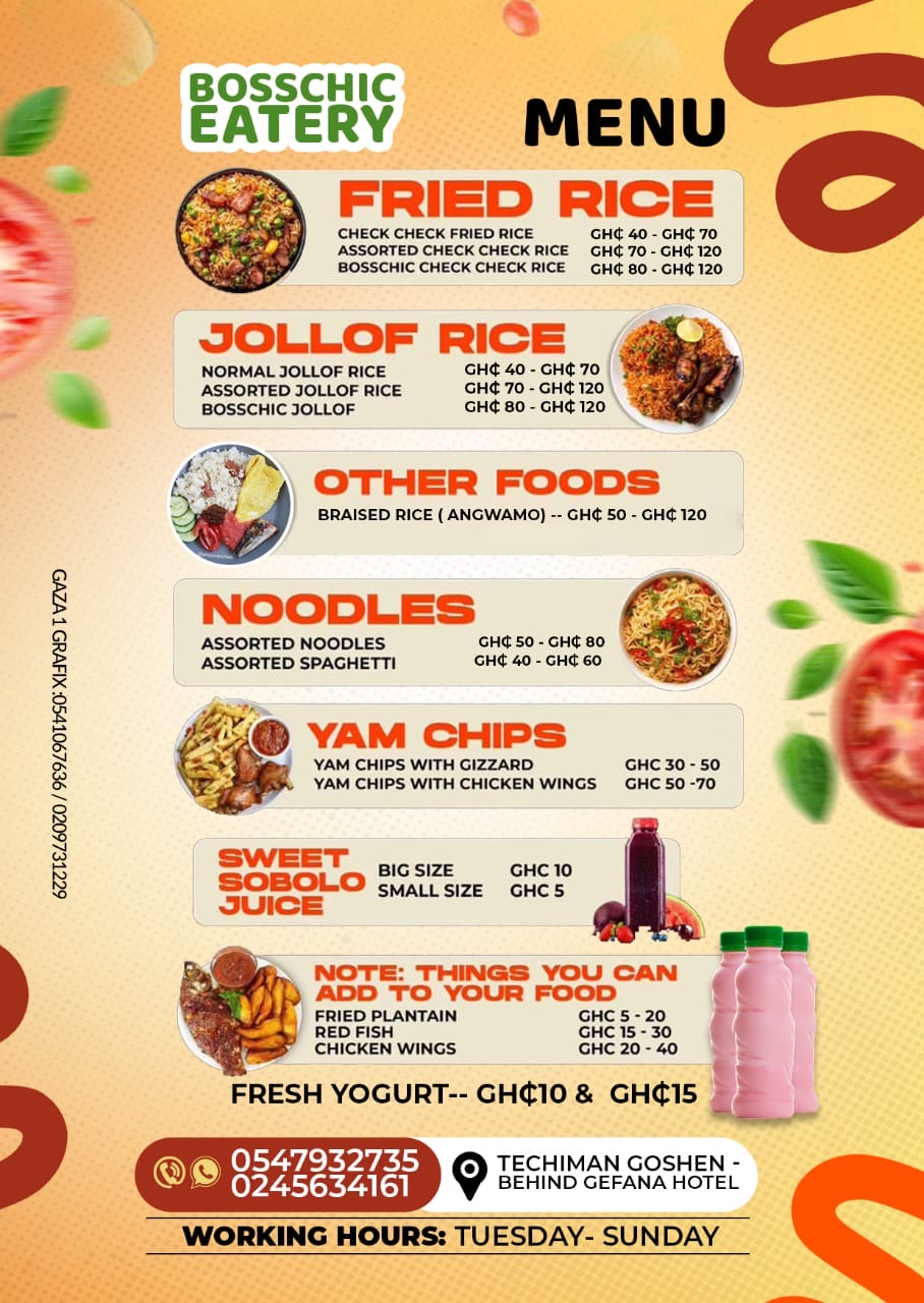 Bosschic Eatery menu: fried rice, jollof rice, noodles, yam chips and drinks with prices